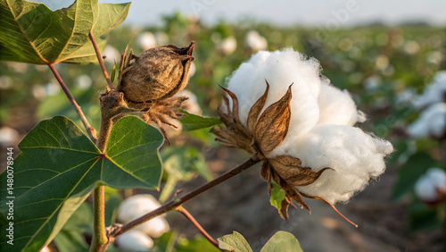 Rural Cotton Field with Mature Boll in Golden Hour Light photo