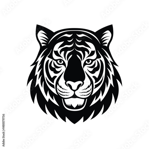 Vector black and white illustration of tiger head logo style isolated on a white background.a black and white tiger silhouette with distinctive face pattern.