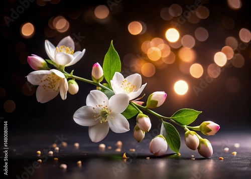 Delicate Jasmine Branch with Pink & White Buds - Black Background Studio Shot