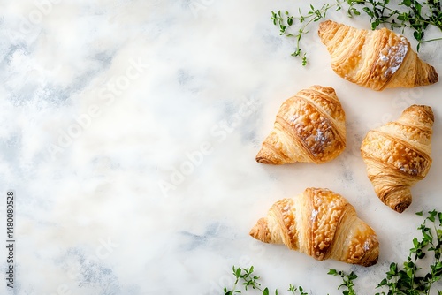 Four golden-brown croissants arranged on marble, adorned with sprigs of fresh herbs