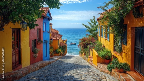 Colorful Mediterranean village street leading to the sea.  Brightly painted houses line a cobblestone road