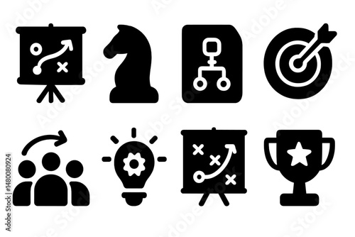 Several strategic icons representing planning, teamwork, and achievement in business and games
