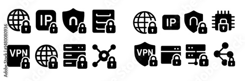 Modern digital security icons representing internet privacy, data protection, and online communication protocols