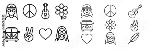 Symbols of peace and love in a retro festival style with flowers and musical elements