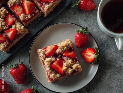 Overhead shot of homemade strawberry crumble bars on plate with tea for breakfast or dessert food photography