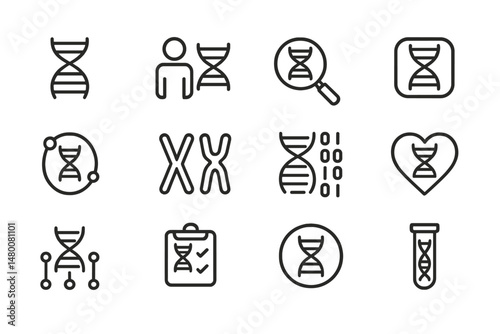 Symbols representing DNA, genetics, and biological research in a simple, modern graphic design format