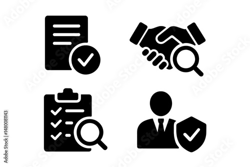 Icons representing business collaboration, checking tasks, and quality assurance in corporate environments