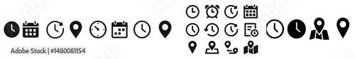 Icon collection showing various time and location symbols for scheduling and planning purposes