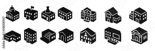 Collection of diverse building icons representing various architectural styles and structures in simple black and white design