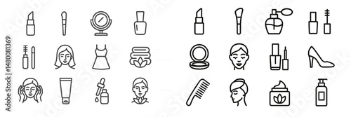 Diverse beauty icons showcasing makeup tools, cosmetics, and skincare essentials for a complete beauty routine