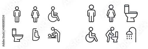Icons representing various restroom facilities and accessibility symbols displayed on a minimalistic background