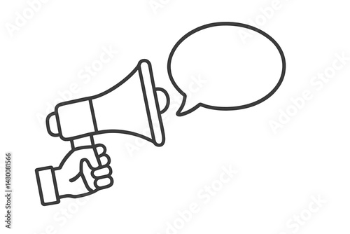 Hand holding a megaphone with an empty speech bubble in a public speaking context