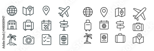 Travel icons set showing globes, maps, airplanes, luggage, and tropical elements for adventure planning