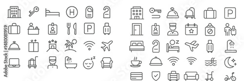 Icon set depicting various travel and hospitality services including accommodation, dining, and transportation options