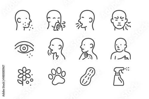 Health and wellness icons depicting common symptoms and allergies in a minimalist style