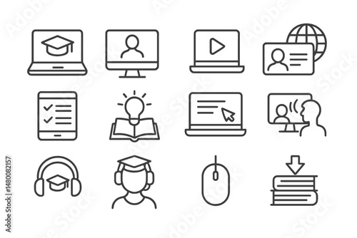 Online education icons display various learning methods and digital tools for academic success in a modern learning environment