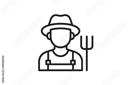 Farmer in a hat holding a pitchfork on a rural landscape during daylight hours