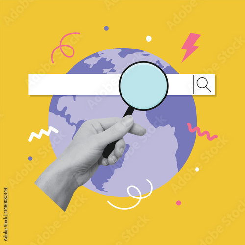 Collage design with hand holding a magnifying glass against the earth globe. Traveling, destination concept.