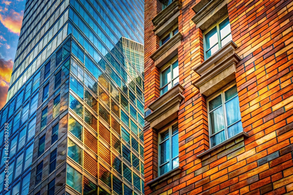 Fototapeta premium Double Exposure: Brick Skyscraper Facade Textures - Urban Architectural Photography