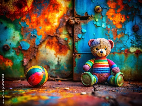 Double Exposure: Rusty Toy Background with Cracked Paint - Vintage Texture Stock Photo