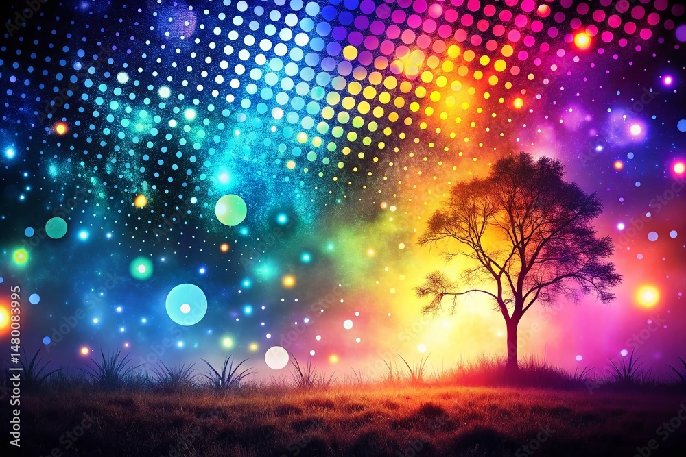 Fototapeta premium Dreamlike Dot Art Silhouette Surrealism: Ethereal Backdrop, Abstract Dots, Mystical Silhouette
