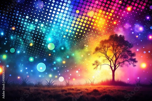 Dreamlike Dot Art Silhouette Surrealism:  Ethereal Backdrop, Abstract Dots, Mystical Silhouette