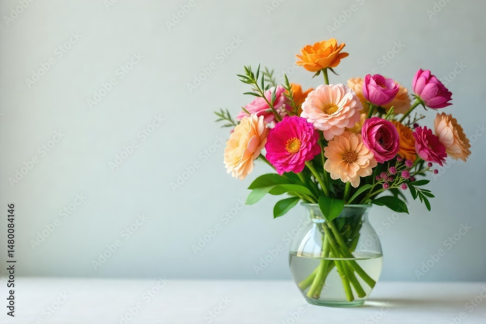 Elegant glass vase filled with vibrant colorful flowers Perfect for home decor, spring, or floral arrangement websites , event, white background Elegant glass vase filled with vibrant colorful flowers Perfect for home decor, spring, or floral arrangement websites , event, white background