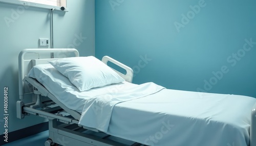 Empty hospital bed, crisp white sheets, ready for a patient Clean, sterile environment , medicine, medical equipment
