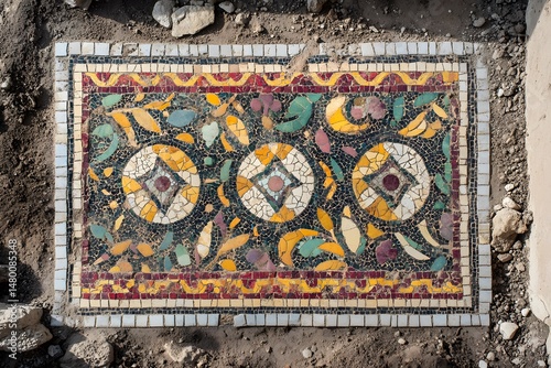 Ancient roman mosaic artwork unearthed decorative floor pattern with floral and geometric design