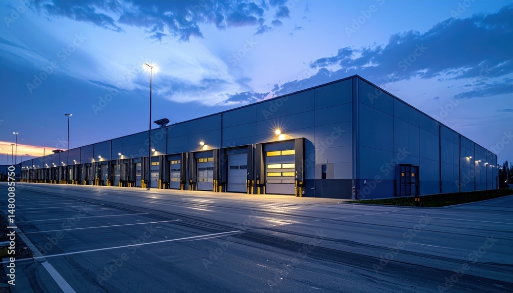 Obraz premium Modern Industrial Warehouse at Dusk with Bright Exterior Lighting