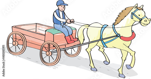 Peasant man driving a horse cart. Cartoon.