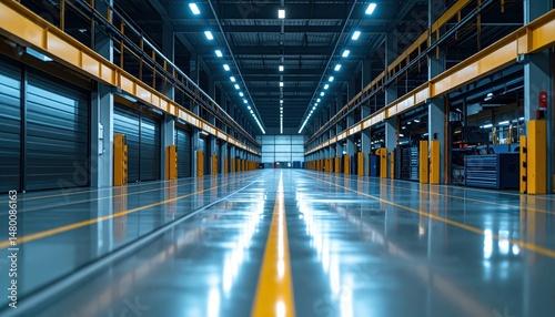 Modern Warehouse Interior with Clean Aisles and Bright Lighting