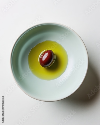 Single Olive in Olive Oil in Ceramic Bowl Overhead Shot Minimalist Food Still Life Studio Light