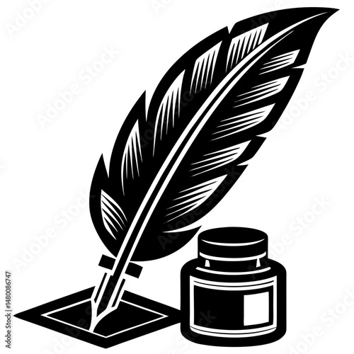 Feather and inkwell silhouette vector illustration