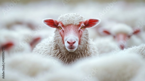 Focused sheep portrait in a serene, fluffy flock, emphasizing individuality