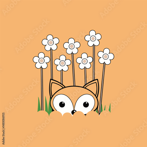 Cute fox peeking behind flowers cartoon illustration on light orange background