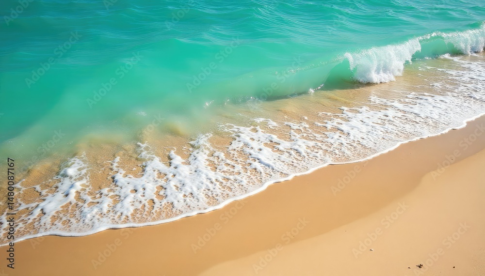 Naklejka premium Golden sand meets turquoise water, gentle waves , tropical, blue, holiday