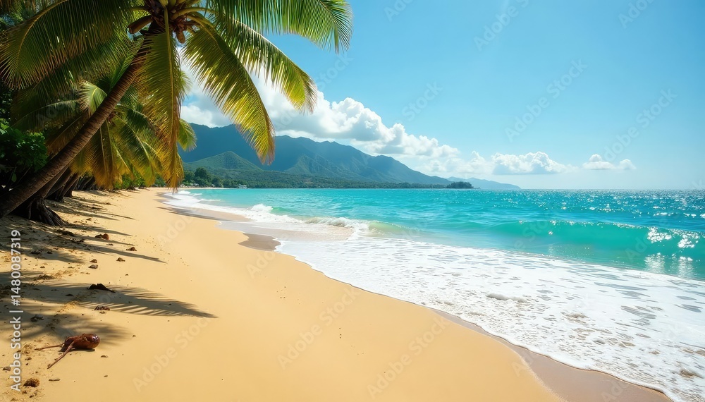 Golden sand meets turquoise waves, sun-drenched Costa Rican beach , relaxing, serene Golden sand meets turquoise waves, sun-drenched Costa Rican beach , relaxing, serene