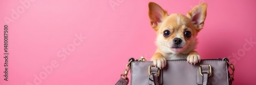 Tiny dog peeking from stylish purse, pink backdrop, small, dog in bag