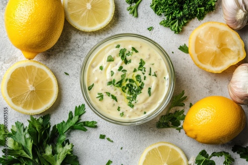 Overhead shot of creamy lemon sauce with fresh parsley in glass bowl surrounded by lemons and garlic on a textured surface photo