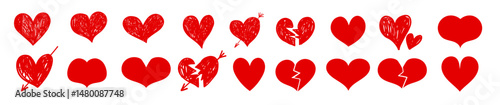 Vector heart icon sketch doodle illustration set with broken heart shape. Black and white monochrome collection