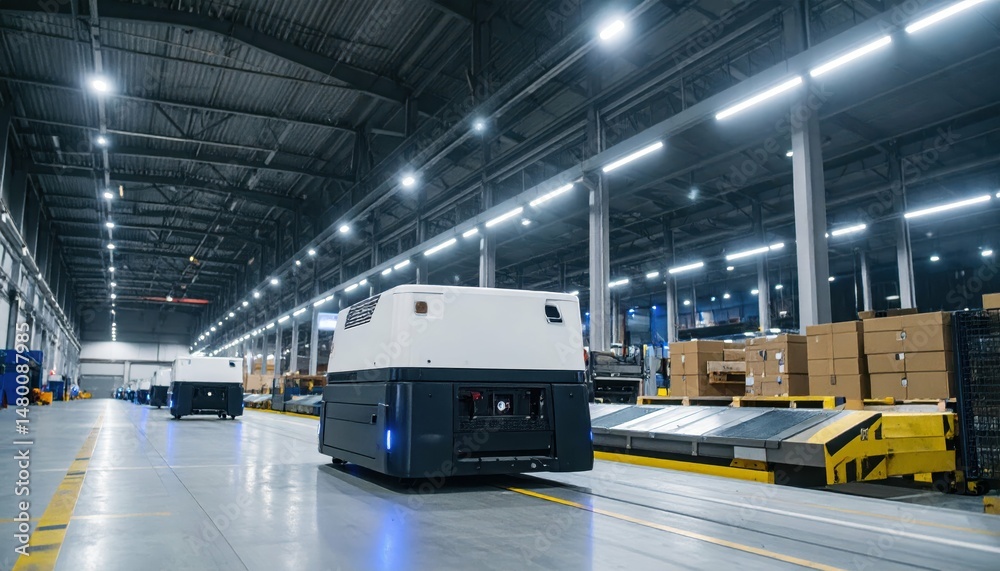 Fototapeta premium Automated Guided Vehicles in Modern Warehouse Operations