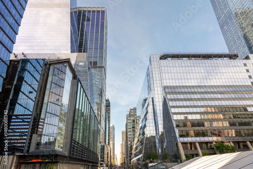 Modern New York City Skyscrapers Against Clear Blue Sky