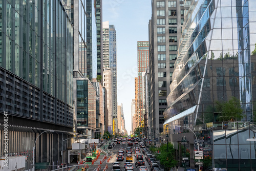Modern New York City Skyscrapers Against Clear Blue Sky