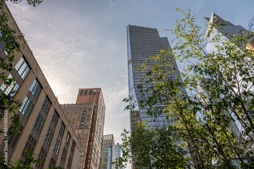 Modern New York City Skyscrapers Against Clear Blue Sky
