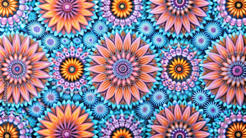A vibrant tapestry of intricately detailed flowers, each blossoming with a symphony of hues, creating a mesmerizing kaleidoscope of color.