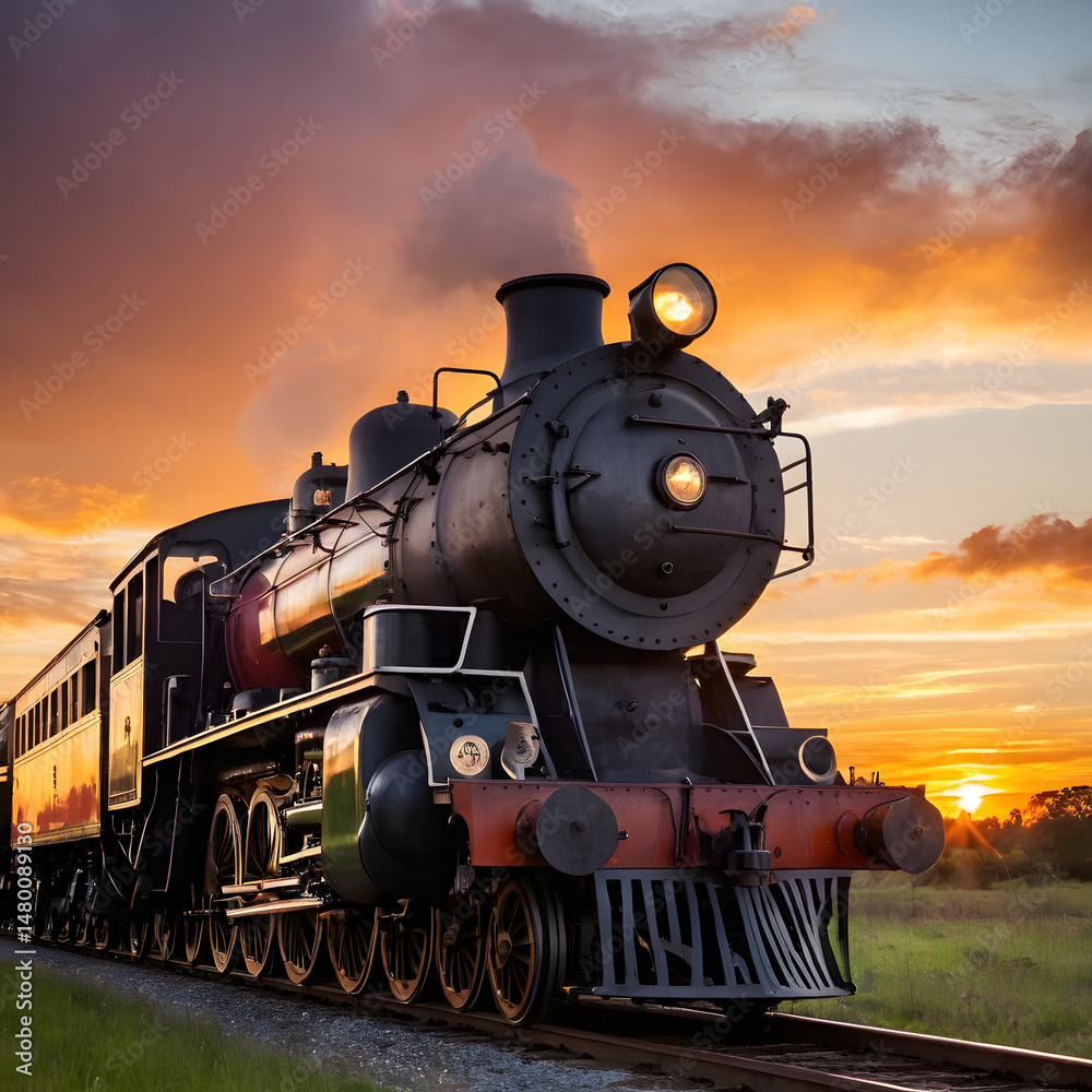 Fototapeta premium Majestic Steam Train at Sunset Historic Locomotive Journey Vintage Railroad Travel