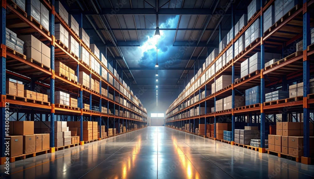 Fototapeta premium Bright and Spacious Warehouse Aisle with Rows of Storage Boxes