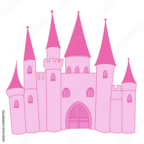 Pink Fairytale Castle Illustration – Hand-Drawn Princess Palace Vector
Charming illustration of a whimsical pink fairytale castle with tall towers and arched windows. Ideal for children’s books, birth