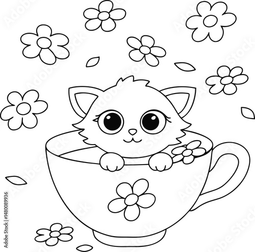 Cute cartoon kitten in a teacup with flowers line art